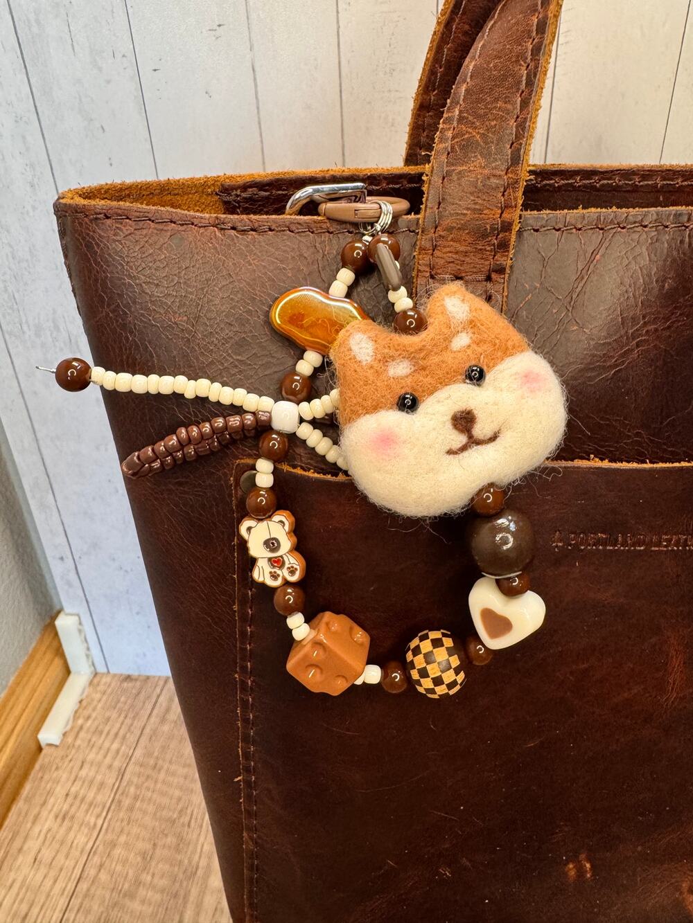 Felted Wool Beaded Bag Charm Cute Brown Dog Purse Charm Accessory Hearts